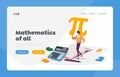 Mathematics Science and Algebra Landing Page Template. Tiny Student Male Character Carry Huge Sign Pi