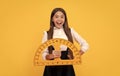 mathematics. surprised teen girl hold protractor ruler. back to school. algebra and geometry. Royalty Free Stock Photo