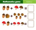 Mathematics workshhet. Counting eduational game for children. How many objects, addition Royalty Free Stock Photo