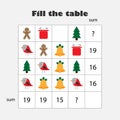 Mathematics xmas game with pictures, christmas theme, for children, middle level, education game for kids, school worksheet