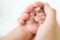 Mather hand holding baby hand on white background. Royalty Free Stock Photo