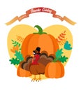 Thanksgiving Day. Funny cartoon character turkey bird in pilgrim hat holds pumpkin.