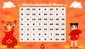 Mathmetical maze for kids with girl holding fan and boy jumping from lucky bag on orange background