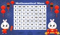 Mathmetical maze for kids with rabbit with firecrackers and lucky bags, money and coins on dark blue background Royalty Free Stock Photo