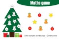 Maths game with decoration christmas tree for children, education counting game for kids, preschool worksheet activity, task for