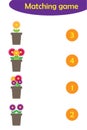 Maths game with flowers in pots for children, easy level, education game for kids, preschool worksheet activity, task