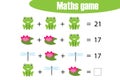 Maths game with pictures of pond life for children, middle level, education game for kids, preschool worksheet activity, task for