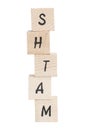 Maths Tower Spelled Backwards With Wooden Blocks. Royalty Free Stock Photo