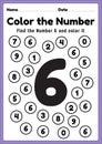 Maths worksheet for nursery, number 6 coloring maths activities for preschool and kindergarten kids to learn basic mathematics