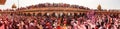 Mathura  Uttar Pradesh  India- January 28 2020: Panoramic shot of the temple of nandgaon in mathura while people playing Holi with Royalty Free Stock Photo