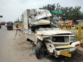 Smashed front end of a car after a road accident. Head on collision is highly fatal for auto drivers and passengers.