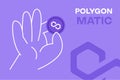 Hand holding Polygon coin, crypto currency editable vector. Flat design MATIC crypto token banner Royalty Free Stock Photo