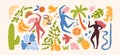 Matisse paint stickers, doodle bundle. Abstract natural summer sketch, freehand people, organic shapes. Tropical fruits