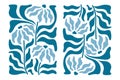 Matisse style blue Flower. Turquoise tones and mirrored reflection. Simple doodle flowing smooth leaves and branches