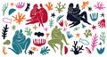 Matisse style plants elements. Hugging couples in intimate poses, minimalistic people with hand drawn botanical forms