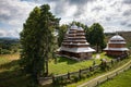 Aerial view on ancient wooden Church of Synaxis of the Holy Mother of God in Matkiv, Lviv region, Ukraine from drone Royalty Free Stock Photo