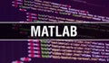 Matlab concept illustration using code for developing programs and app. Matlab website code with colourful tags in browser view on