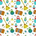 Matreshka doll seamless pattern. Vector doodle illustration. Russian symbols.