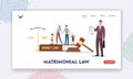 Matrimonial Law Landing Page Template. Tiny Characters Husband, Wife and Kids at Huge Gavel, Scales and Family Law Book