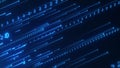 Matrix background. Cyber security with binary code. Rapidly falling randomly blue numbers. Decoding algorithms hacked software.