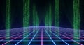 Digital matrix background with glowing neon grid and binary code streams for technology use Royalty Free Stock Photo