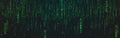 Matrix background. Green falling digits. Zero and one running numbers. Wide binary backdrop with glowing lines. Abstract