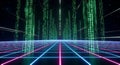 Digital matrix background with glowing neon grid and falling green code data streams effect Royalty Free Stock Photo