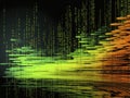 Matrix-inspired glitch art background with flowing streams of neon green binary code on a pitch-black canvas. The code should be Royalty Free Stock Photo