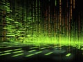 Matrix-inspired glitch art background with flowing streams of neon green binary code on a pitch-black canvas. The code should be