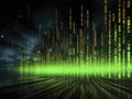 Matrix-inspired glitch art background with flowing streams of neon green binary code on a pitch-black canvas. The code should be Royalty Free Stock Photo