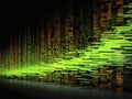 Matrix-inspired glitch art background with flowing streams of neon green binary code on a pitch-black canvas. The code should be