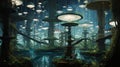 A matrix of levitating platforms, each hosting a garden of bioluminescent flora