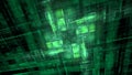 Matrix of neon green digital lattice shimmering with energy and depth. 3d render