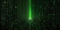 Matrix style background. Green falling code on a dark abstract background. Computer virus and hacker screen wallpaper. Big data.