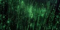Matrix style background. Green falling code on a dark abstract background. Computer virus and hacker screen wallpaper. Big data.