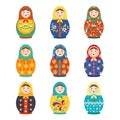 Matryoshka colored painted set. Folk traditional handmade toy wooden girl with colorful flower national Russian