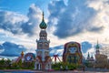 The matryoshka dolls and tower in the NZH Manzhouli city,China. Royalty Free Stock Photo