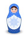 Matryoshka and Snowflake. Isolated Beautiful Russian Doll in Blue Clothes. Fairytale Female Character from Russia. Slavic Symbol.