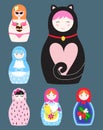 Matryoshka vector traditional russian nesting doll toy with handmade ornament figure pattern with child face and Royalty Free Stock Photo