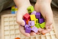 Colorful wood cubes with numbers, digits, basic arithmetic operations Royalty Free Stock Photo