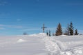 Matschacher Gupf - Panoramic hiking trail trough deep snow leading to the mountain summit in Karawanks, Royalty Free Stock Photo