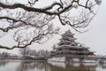 Matsumoto Castle with tree branches and snow in winter season, Nagano, Japan. Architecture landscape background in travel trip Royalty Free Stock Photo