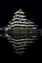 Matsumoto castle water reflection at night light up in spring, it is famous premier historic castles ,the castle known as Crow Cas