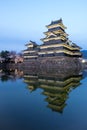 Matsumoto castle water reflection in sunset time open light up with sakura tree around, castle is famous premier historic castles Royalty Free Stock Photo