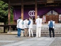 O-henro Buddhist pilgrims at Hantaji, temple number 50 of Shikoku pilgrimage Royalty Free Stock Photo