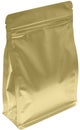 Matt gold aluminium flat bottom food pouch  with zipper  filled with coffee beans on white background fron view Royalty Free Stock Photo