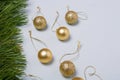 Matt and shiny golden bulbs on strings on light wooden background, plastic decorative Christmas baubles, pine tree branches border Royalty Free Stock Photo