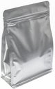 Matt silver aluminium flat bottom food pouch with zipper filled with coffee beans on white background fron view