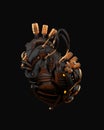 Matte black and golden artificial sci-fi heart organ on dark back