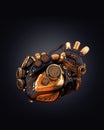Matte black and golden artificial sci-fi heart organ on dark back